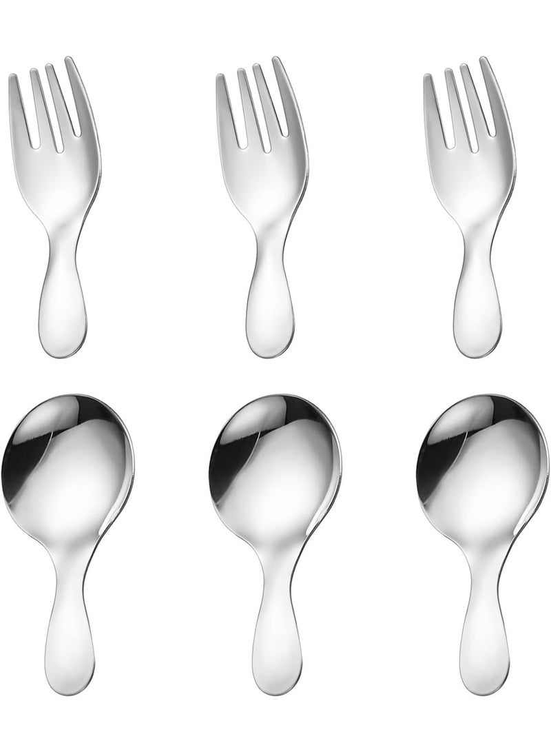SYOSI Short-Hand Round Spoon & Fork Set | Cute Mini Dipper Fork for Tableware | Stainless Steel Multi-Functional Cutlery Set for Outdoor & Everyday Use (6 Pieces,Silver) - Image 1