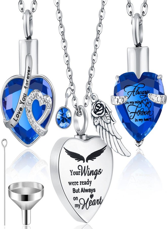 Jadive 3 Pcs Urn Necklace Cremation Heart Ashes Jewelry for Women Ocean Crystal Necklace Summer Waterproof Memorial Pendant Stainless Steel Keepsake with Angel Wing 12 Birthstones Filling Kit - Image 1