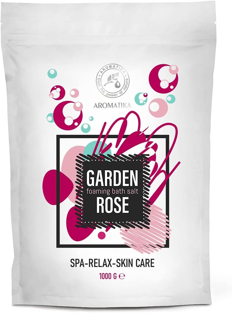 Foaming Bath Sea Salt Rose 35 Oz  1000g  Bubble Bath Salts with Almond  Rosewood Essential Oil  Rosa Damascena Flower Extract for Bath Soak  Relaxing Bath  Aromatherapy Bath Salts