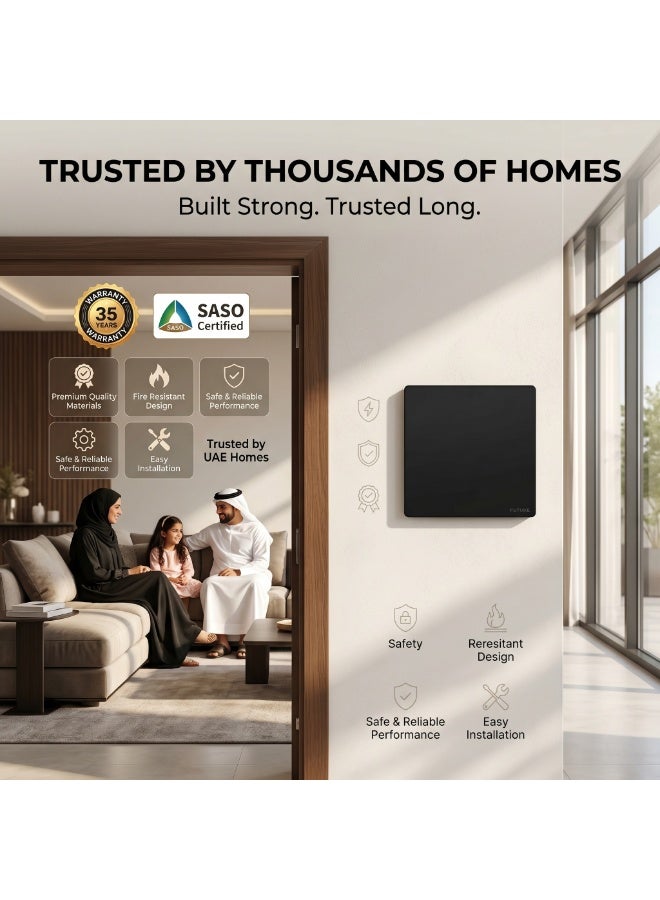 Future 1 Gang 2 Way Switch | 10A Wall Light Switch | Premium Black Finish | Single Gang Two Way Electrical Switch | Modern Home & Office Wall Switch | 250V | 35 Years Warranty - Image 4