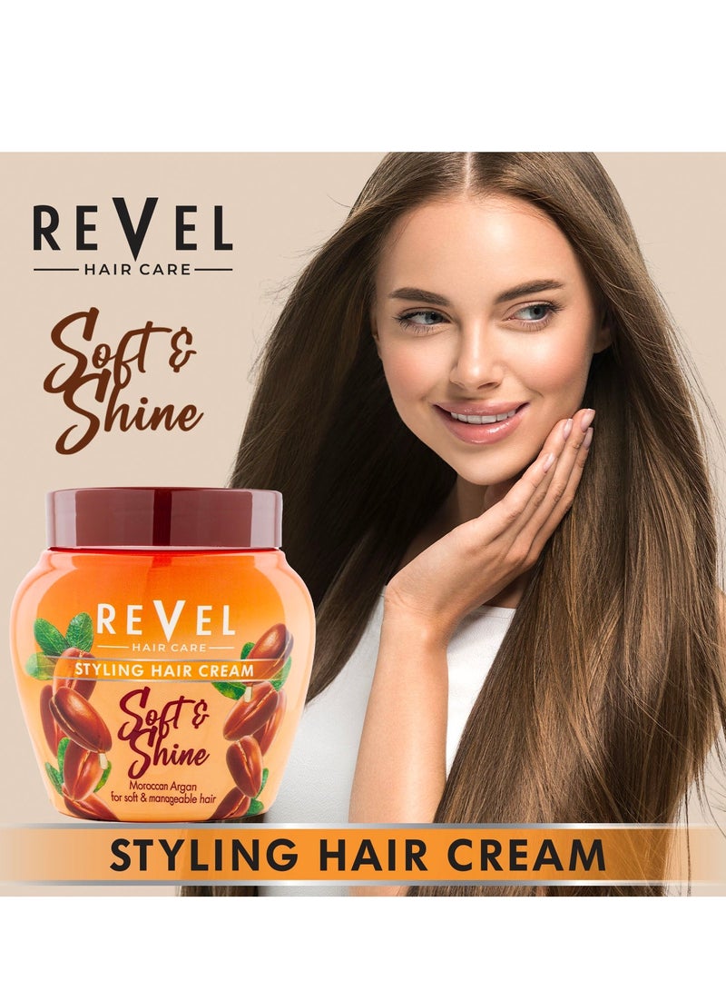 Revel Hair Care Soft & Shiny Styling Hair Cream Moroccan Argan For Men & Women 400ml, Argan Oil, Vitamin E & Panthenol, Treatment