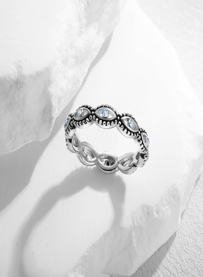 MDFUN Evil Eye Ring for Women, 18K White Gold Plated Cubic Zirconia Stackable Band Ring, Evil Eye Trendy Lucky Jewelry, Engagement Wedding Birthday Gift for Women Men, Size 9 - Image 2