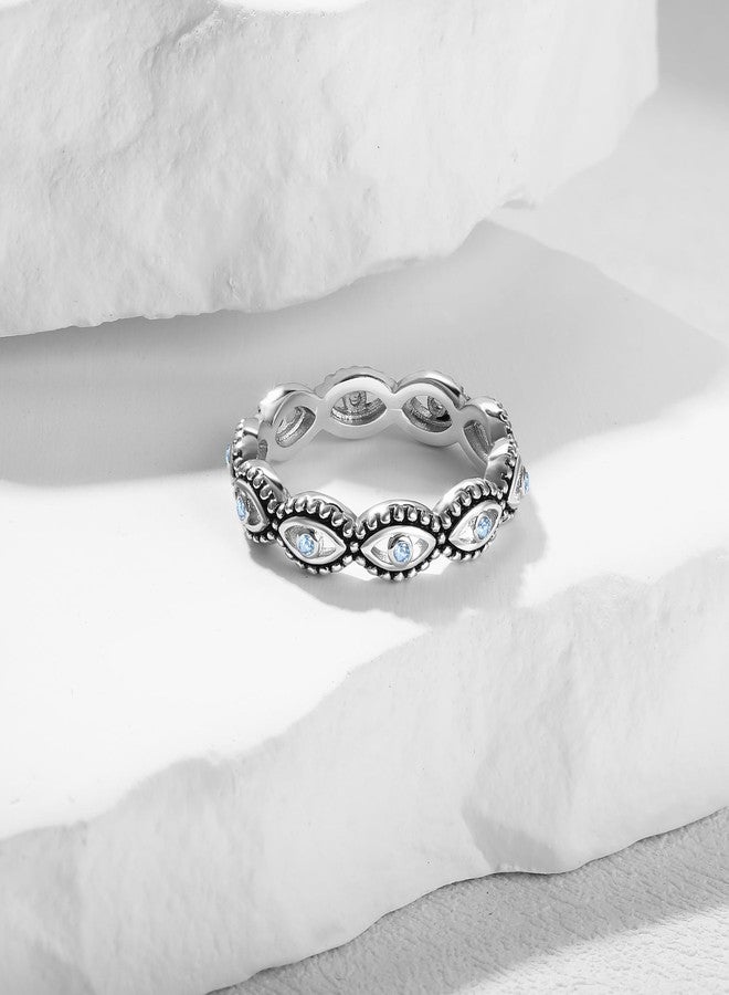MDFUN Evil Eye Ring for Women, 18K White Gold Plated Cubic Zirconia Stackable Band Ring, Evil Eye Trendy Lucky Jewelry, Engagement Wedding Birthday Gift for Women Men, Size 9 - Image 3