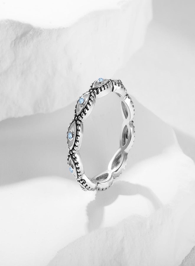 MDFUN Evil Eye Ring for Women, 18K White Gold Plated Cubic Zirconia Stackable Band Ring, Evil Eye Trendy Lucky Jewelry, Engagement Wedding Birthday Gift for Women Men, Size 9 - Image 4