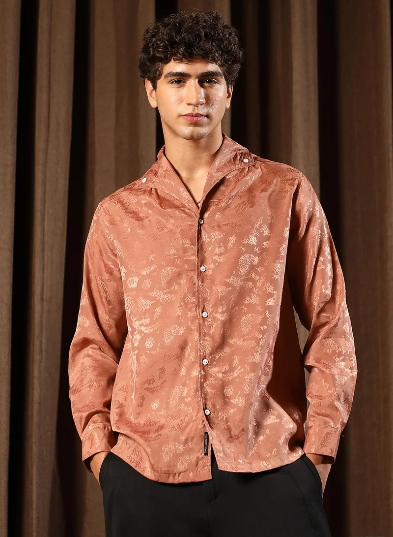 Campus Sutra Men Flake-Jacquard Satin Shirt | One Piece Collar , Long Cuffed Sleeves | Button Closure Straight Hem | Abstract Jacquard | Woven Fabric For Party & Evening Wear | Dark Peach