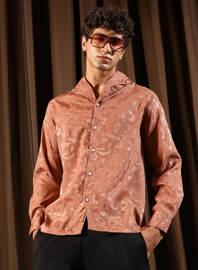 Campus Sutra Men Flake-Jacquard Satin Shirt | One Piece Collar , Long Cuffed Sleeves | Button Closure Straight Hem | Abstract Jacquard | Woven Fabric For Party & Evening Wear | Dark Peach