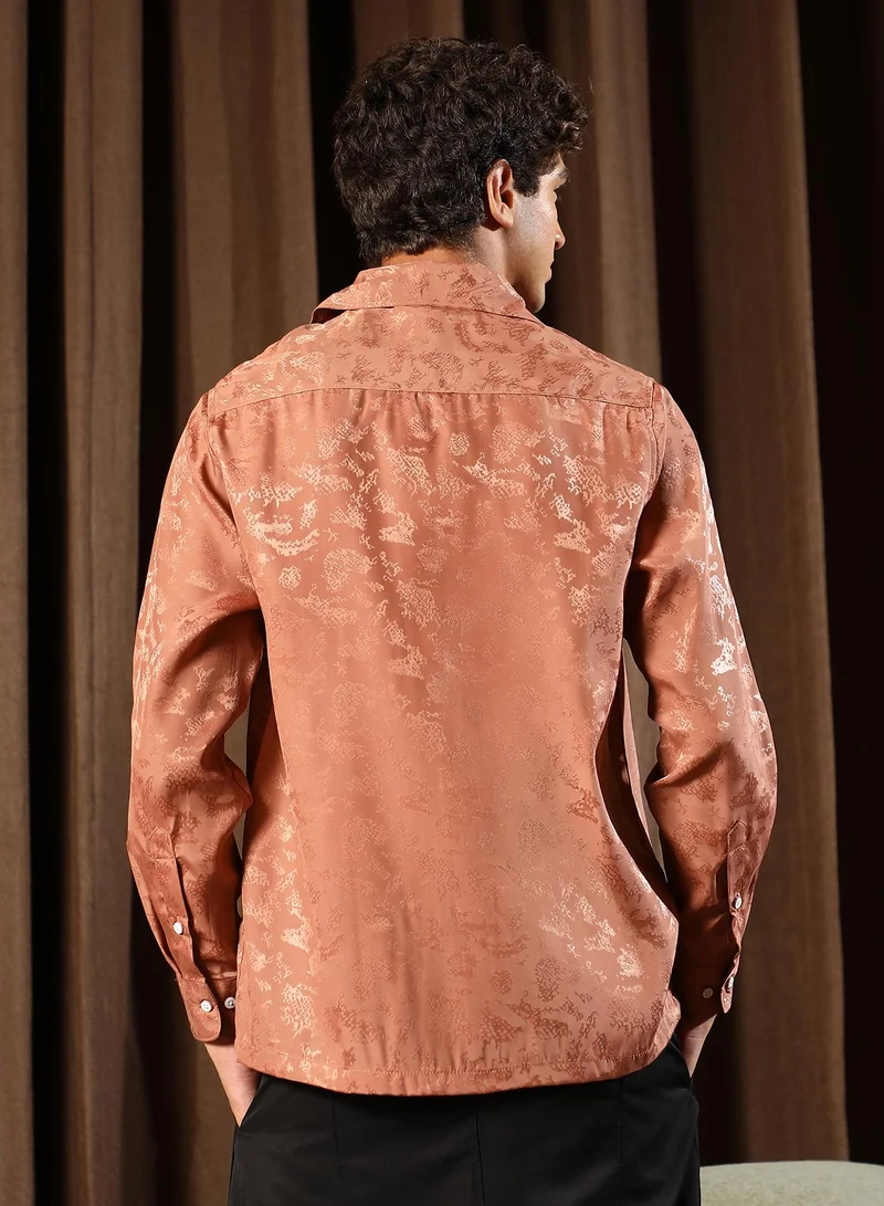 CAHOOT  Men's Dark Peach Flake-Jacquard Satin Shirt for Men | Best Price UAE