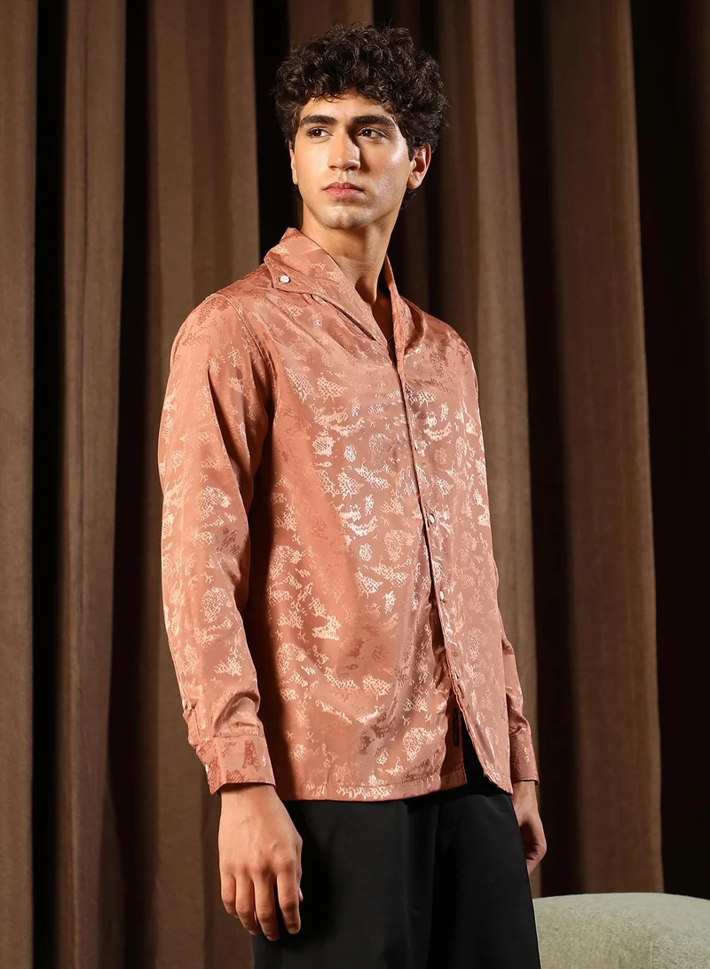 CAHOOT  Men's Dark Peach Flake-Jacquard Satin Shirt for Men | Best Price UAE