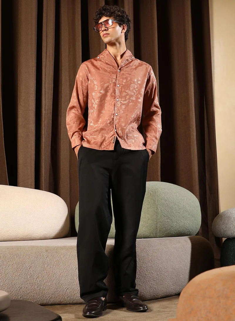 CAHOOT  Men's Dark Peach Flake-Jacquard Satin Shirt for Men | Best Price UAE