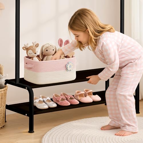 mirolam Kids Clothing Rack - Small Garment Rack - Small Kids Costume Wardrobe Rack with 2 Fabric Floors Storage Shelf - Mini Short Baby Toddler Clothes Rack - Image 4