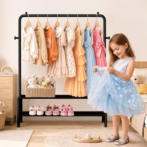 mirolam Kids Clothing Rack - Small Garment Rack - Small Kids Costume Wardrobe Rack with 2 Fabric Floors Storage Shelf - Mini Short Baby Toddler Clothes Rack - Image 2