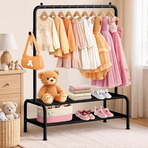 mirolam Kids Clothing Rack - Small Garment Rack - Small Kids Costume Wardrobe Rack with 2 Fabric Floors Storage Shelf - Mini Short Baby Toddler Clothes Rack - Image 5