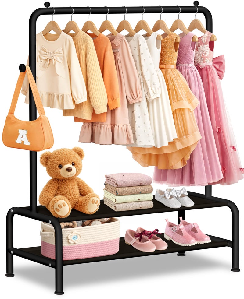 mirolam Kids Clothing Rack - Small Garment Rack - Small Kids Costume Wardrobe Rack with 2 Fabric Floors Storage Shelf - Mini Short Baby Toddler Clothes Rack - Image 1
