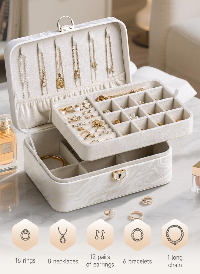 CASEGRACE 2-Layer Jewelry Box with Removable Tray, Portable Jewelry Organizer for Earrings Necklaces Rings, Gift for Women Girls on Birthday Valentine's Day (Fluorescent white) - Image 2