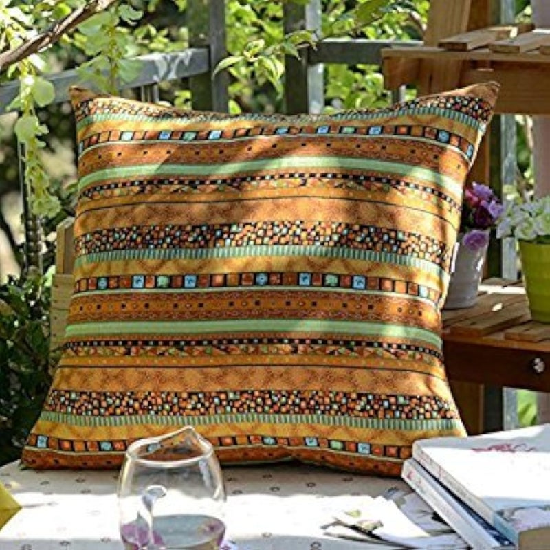 TAOSON TAOSON Gold Stripe Bohemian Style Antique Cotton Blend Linen Sofa Throw Pillowcase Cushion Cover Pillow Cover with Hidden Zipper Closure Only Cover No Insert 24x24 Inch 60x60cm  - Image 1
