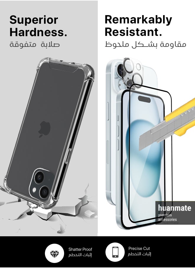 huanmate - 3 in 1 Protection Pack of Back Cover Edge To Edge Screen Protector And Camera Protector For Apple iPhone 15 Plus Black/Clear - Image 1