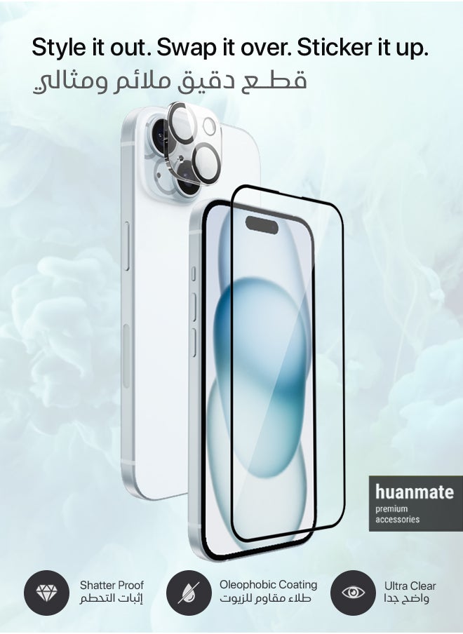 huanmate - 3 in 1 Protection Pack of Back Cover Edge To Edge Screen Protector And Camera Protector For Apple iPhone 15 Plus Black/Clear - Image 1