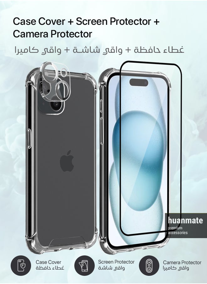 huanmate - 3 in 1 Protection Pack of Back Cover Edge To Edge Screen Protector And Camera Protector For Apple iPhone 15 Plus Black/Clear - Image 1