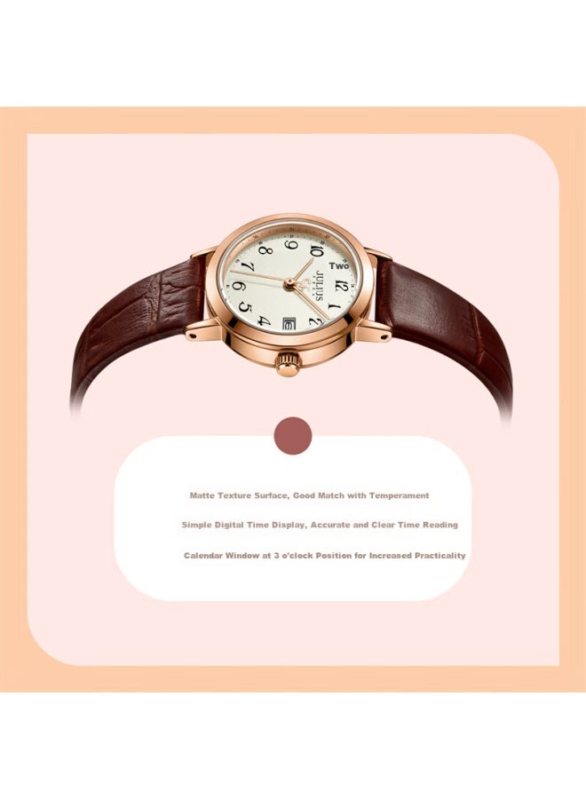 Julius Women's Watch Gift Box, Vintage Calendar, Student Commuter Waterproof Quartz Ladies Watch With Brown Strap And Gold Dial Mgsl-1404b - Image 3