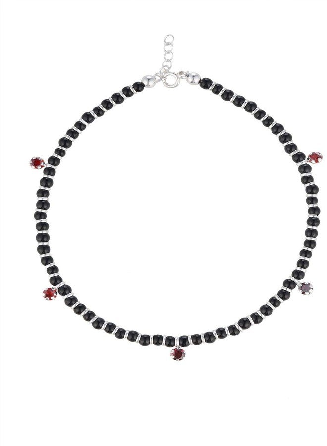 DHRUVS COLLECTION 925 Exclusive Adjustable Nazariya Payal (Anklet) with Black Beads & Red Stone (Crystal) in 92.5 Silver for Girls and Women - One Piece - Image 1