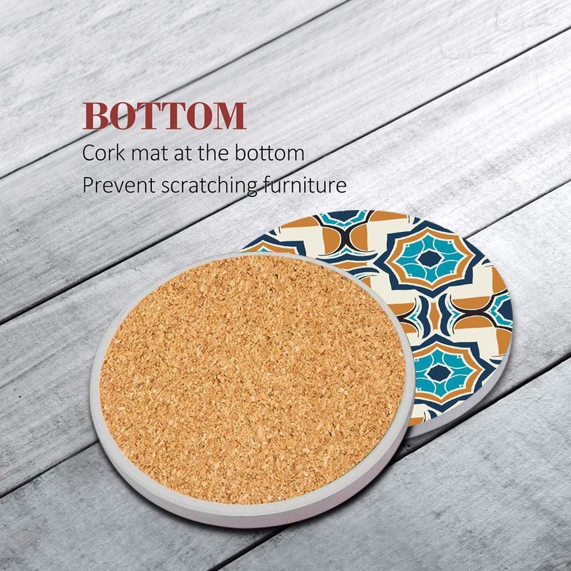 Bribay Coasters for Drinks Set of 6, Spanish Moroccan Ornate Ceramic Pattern Absorbent Round Ceramic Stone Mat, with Cork Base and Metal Holder, Gift for Housewarming Room Bar Decor - Image 5