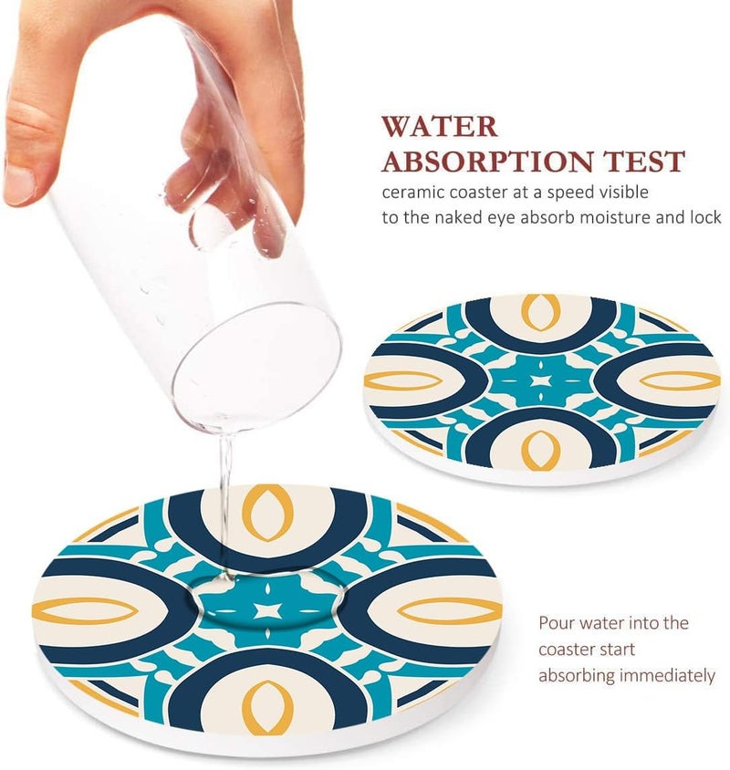 Bribay Coasters for Drinks Set of 6, Spanish Moroccan Ornate Ceramic Pattern Absorbent Round Ceramic Stone Mat, with Cork Base and Metal Holder, Gift for Housewarming Room Bar Decor - Image 3