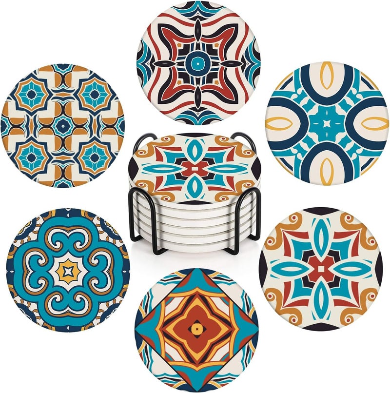 Bribay Coasters for Drinks Set of 6, Spanish Moroccan Ornate Ceramic Pattern Absorbent Round Ceramic Stone Mat, with Cork Base and Metal Holder, Gift for Housewarming Room Bar Decor - Image 1