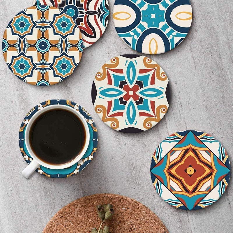 Bribay Coasters for Drinks Set of 6, Spanish Moroccan Ornate Ceramic Pattern Absorbent Round Ceramic Stone Mat, with Cork Base and Metal Holder, Gift for Housewarming Room Bar Decor - Image 4