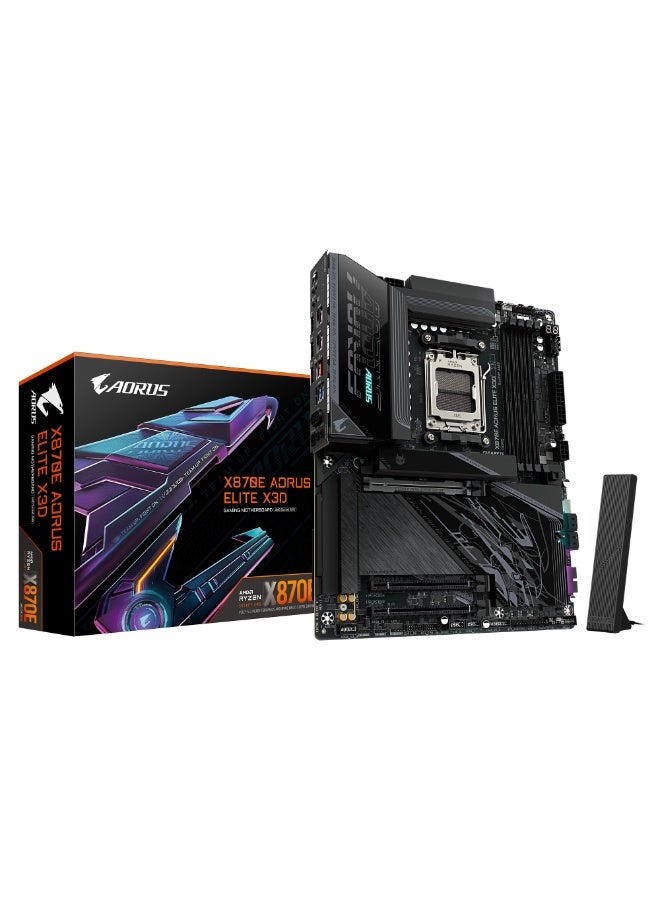 AORUS لوحة أم Gigabyte X870E AORUS ELITE X3D AM5 ATX، 16+2+2 VRM رقمي مزدوج، وضع Turbo X3D 2.0، DDR5 9000MT/s (4-DIMM) EXPO، 4× M.2 (2× PCIe 5.0 + 2× PCIe 4.0) EZ-Flex/EZ-Latch، Wi-Fi 7، LAN 5GbE، USB4 Type-C مزدوج، HDMI، QC-USB 65W، درع حراري متقدم، أسود - Image 1