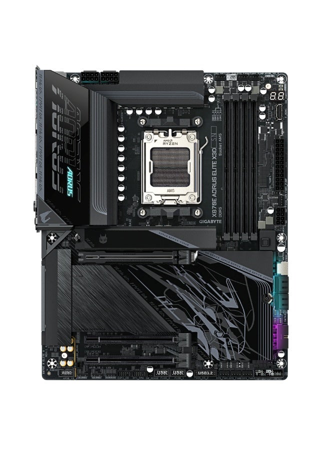 AORUS لوحة أم Gigabyte X870E AORUS ELITE X3D AM5 ATX، 16+2+2 VRM رقمي مزدوج، وضع Turbo X3D 2.0، DDR5 9000MT/s (4-DIMM) EXPO، 4× M.2 (2× PCIe 5.0 + 2× PCIe 4.0) EZ-Flex/EZ-Latch، Wi-Fi 7، LAN 5GbE، USB4 Type-C مزدوج، HDMI، QC-USB 65W، درع حراري متقدم، أسود - Image 2