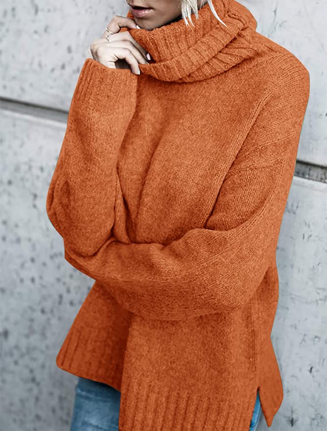 FISACE Womens Oversized Turtleneck Pullover Sweater Cable Knit Long Sleeve Sweater Tops A-Orange - Image 3