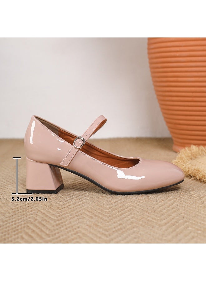 British Retro Patent Mary Jane Pumps | Chunky Heel, Thick Sole, Hollow Roman-Style Detailing - Image 4