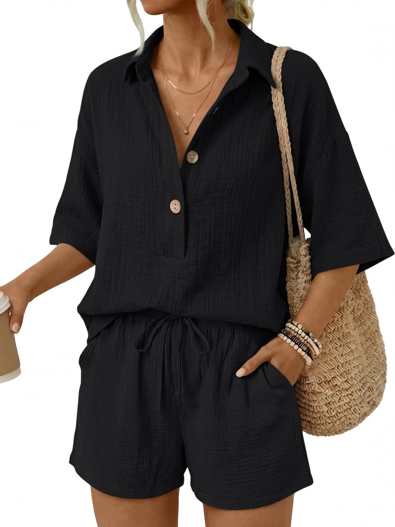 LILLUSORY Women 2 Piece Linen Short Sets 2026 Summer Vacation V Neck Short Sleeve Beach Outfits Oversized Button Casual Suits Black S - Image 1