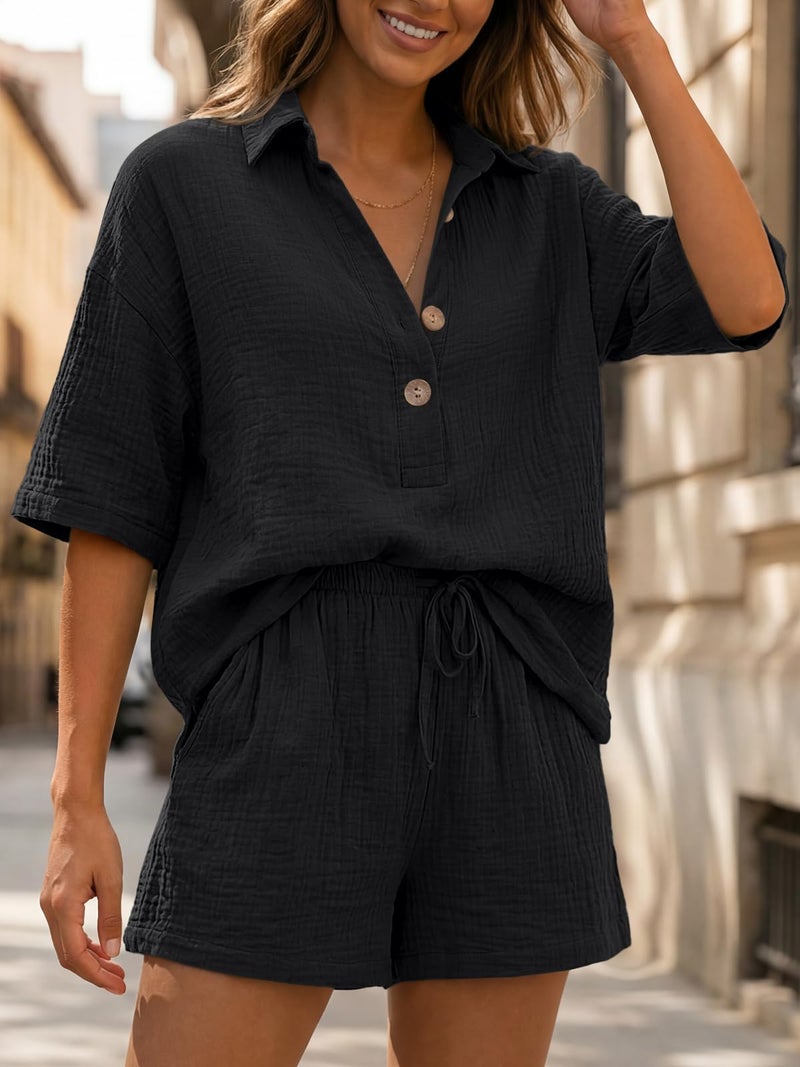 LILLUSORY Women 2 Piece Linen Short Sets 2026 Summer Vacation V Neck Short Sleeve Beach Outfits Oversized Button Casual Suits Black S - Image 2