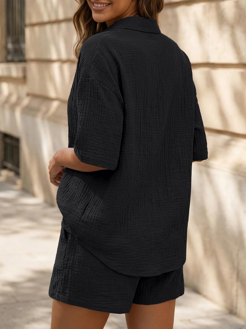 LILLUSORY Women 2 Piece Linen Short Sets 2026 Summer Vacation V Neck Short Sleeve Beach Outfits Oversized Button Casual Suits Black S - Image 4
