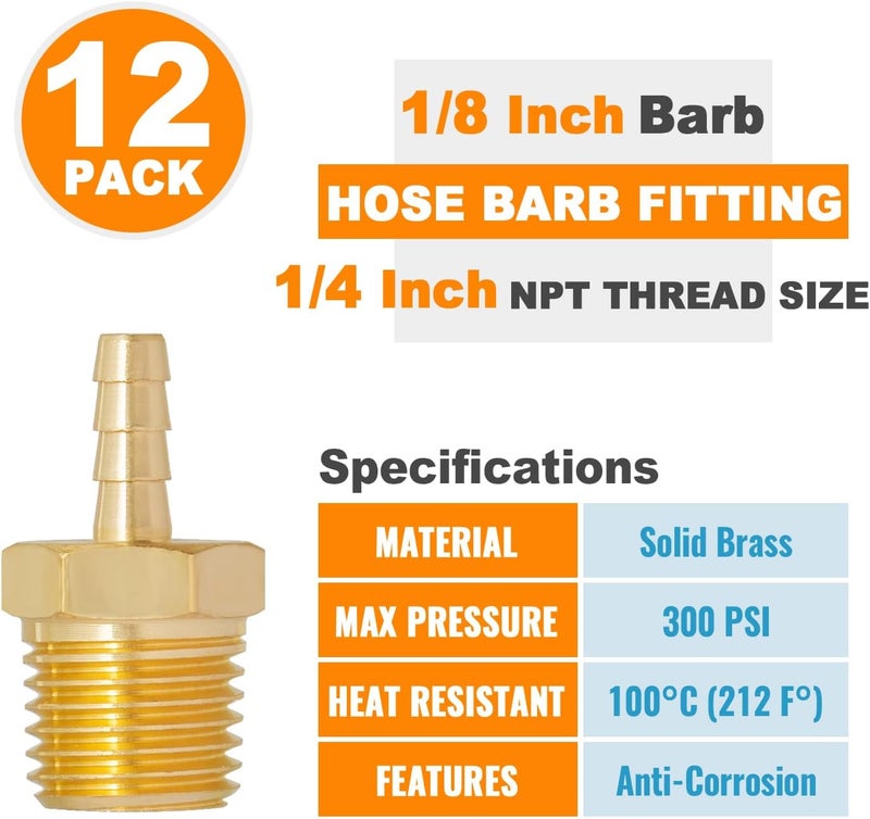 SUNGATOR 12-Pack 1/4" NPT to 1/8" Hose Barb Fittings, Brass Air Hose Fittings, 1/8" Barb to 1/4" NPT Male Thread Adapter, Brass Air Line Repair Connector Kit for Compressor, Gas, Auto Shop - Image 4