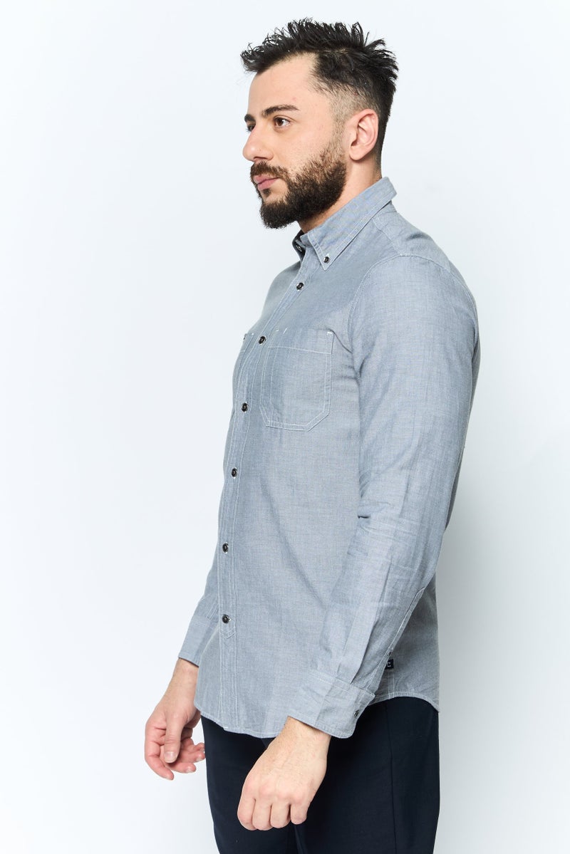 Chaps Men Custom Fit Long Sleeve Plain Casual Shirt, Grey - Image 2