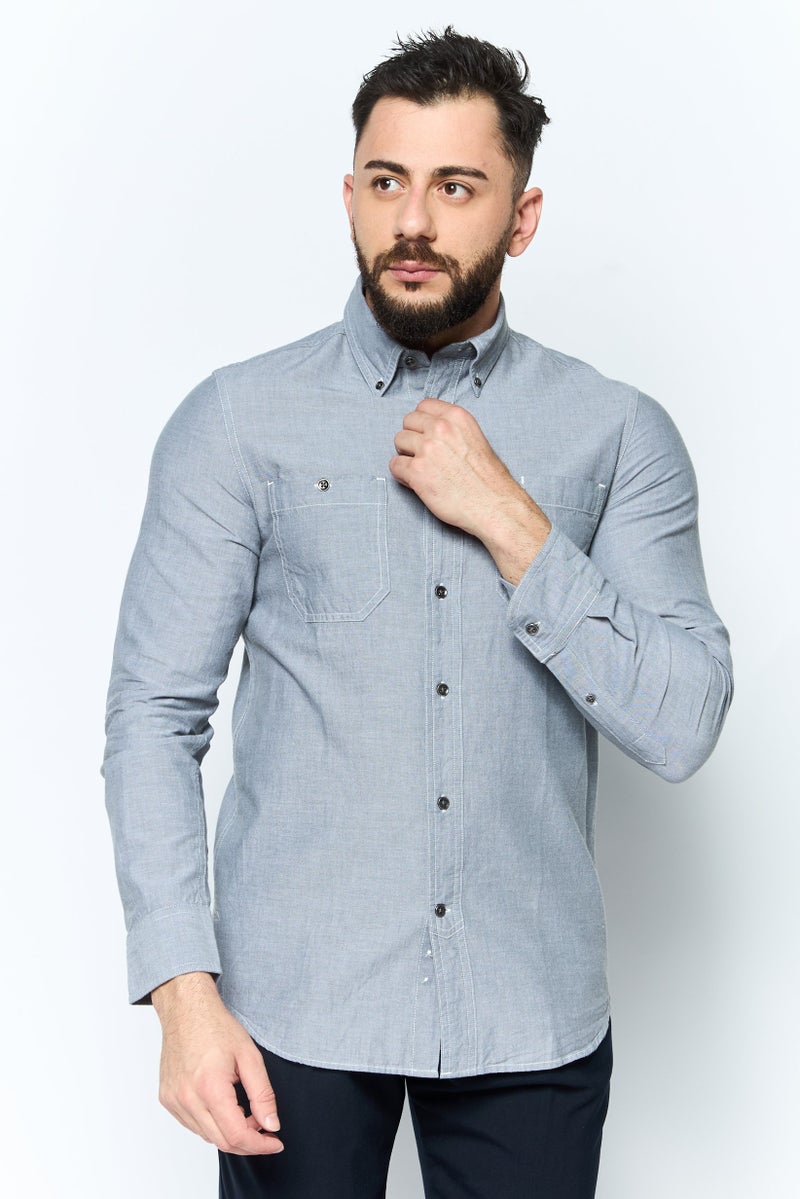 Chaps Men Custom Fit Long Sleeve Plain Casual Shirt, Grey - Image 1