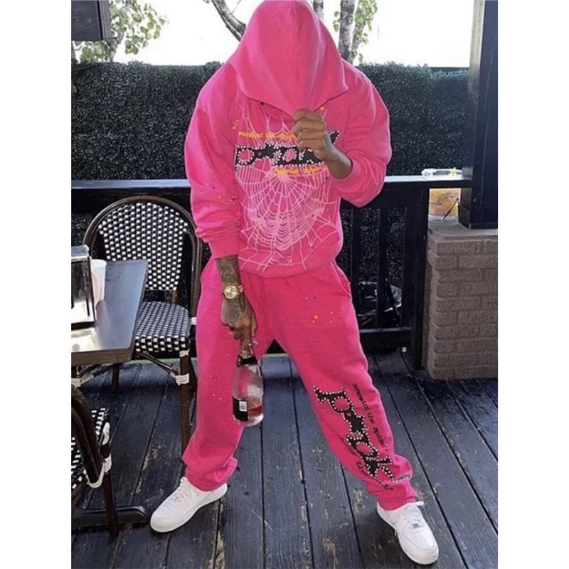 American Fashion Brand Sp5Der 555555 Foaming Letter Spider Web Hooded Sweat Casual Sweat Pants Sports Suit - Image 4
