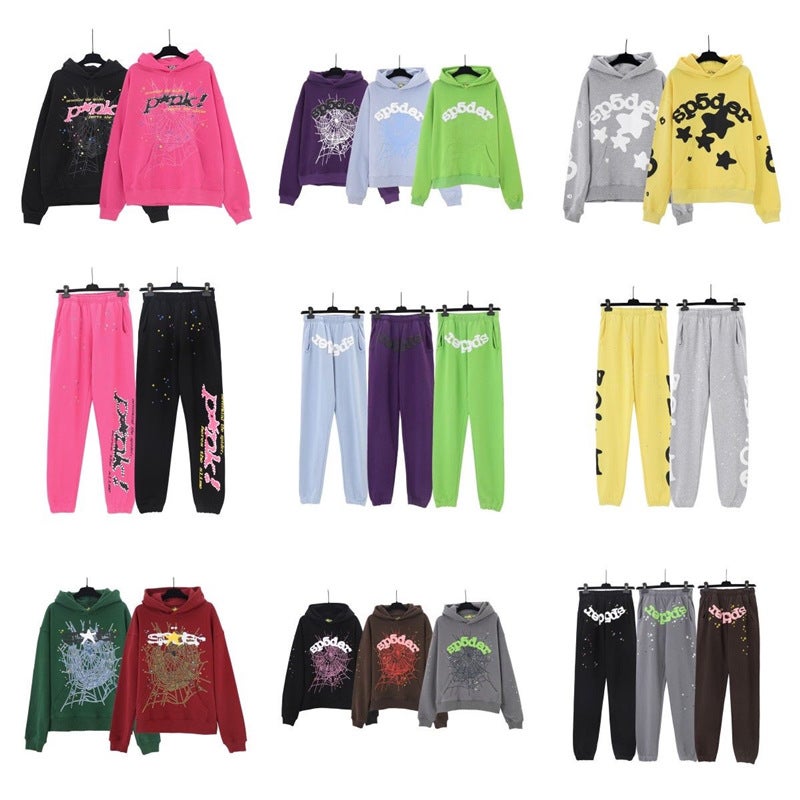 American Fashion Brand Sp5Der 555555 Foaming Letter Spider Web Hooded Sweat Casual Sweat Pants Sports Suit - Image 2