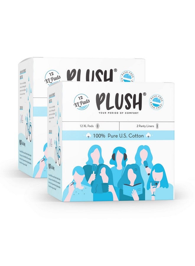 Plush Ultra-Thin Sanitary Pads For Women, 12 Xl Pcs- Pack Of 2 | For Medium Flow | 2 Free Panty Liners | 100% Rash-Free | Pure U.S. Cotton Pads | Affordable Sanitary Pads - Image 1