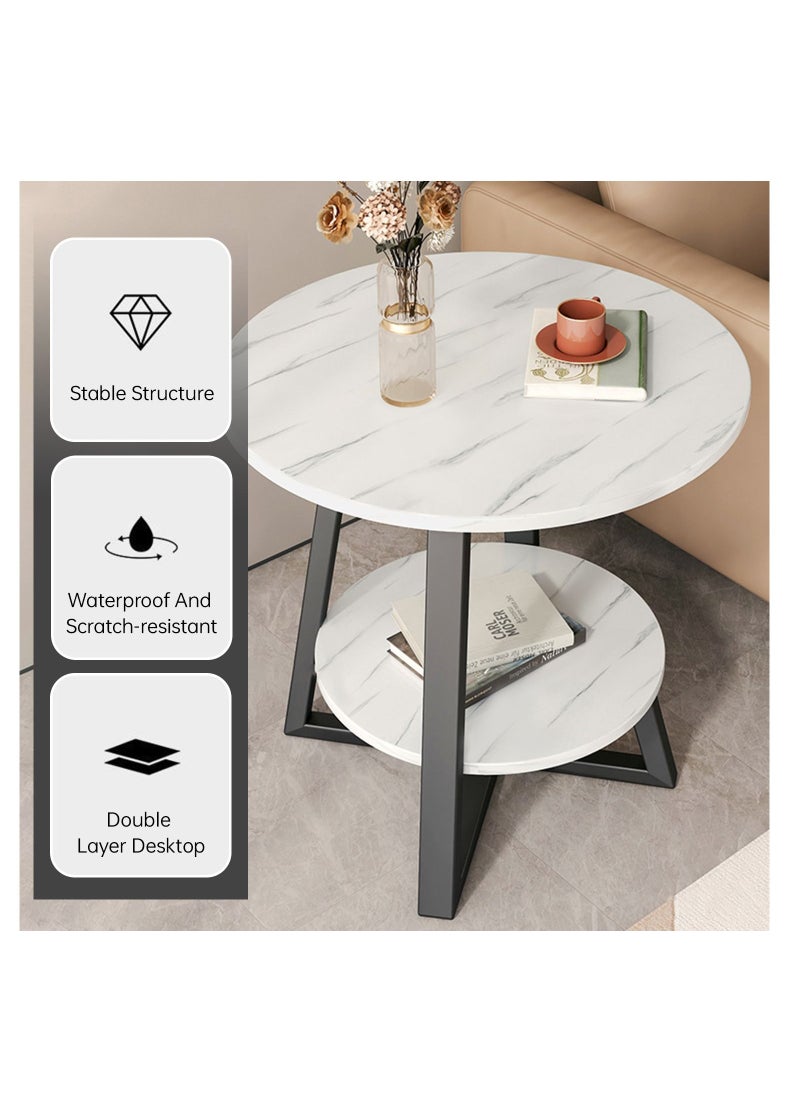 JANTENS - Double Layer Coffee Table for Living Room,Round Sofa Side Table End Table White 60*60 cm - Image 1