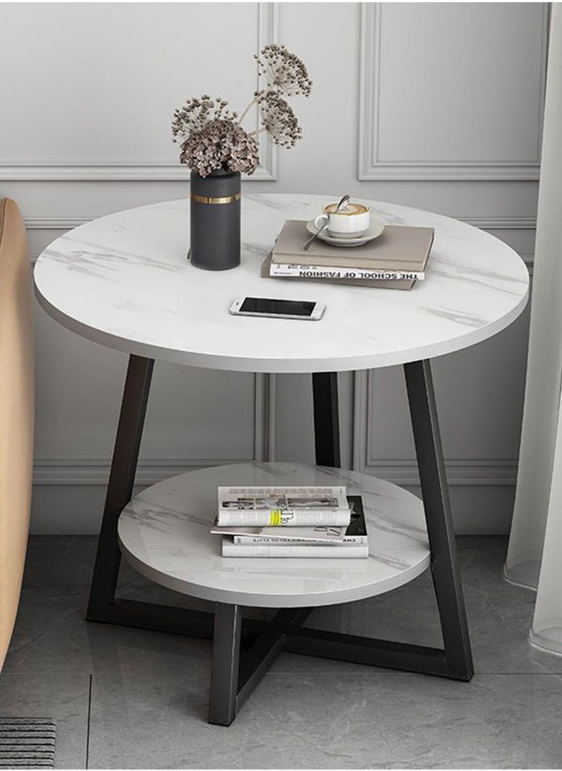 JANTENS - Double Layer Coffee Table for Living Room,Round Sofa Side Table End Table White 60*60 cm - Image 1