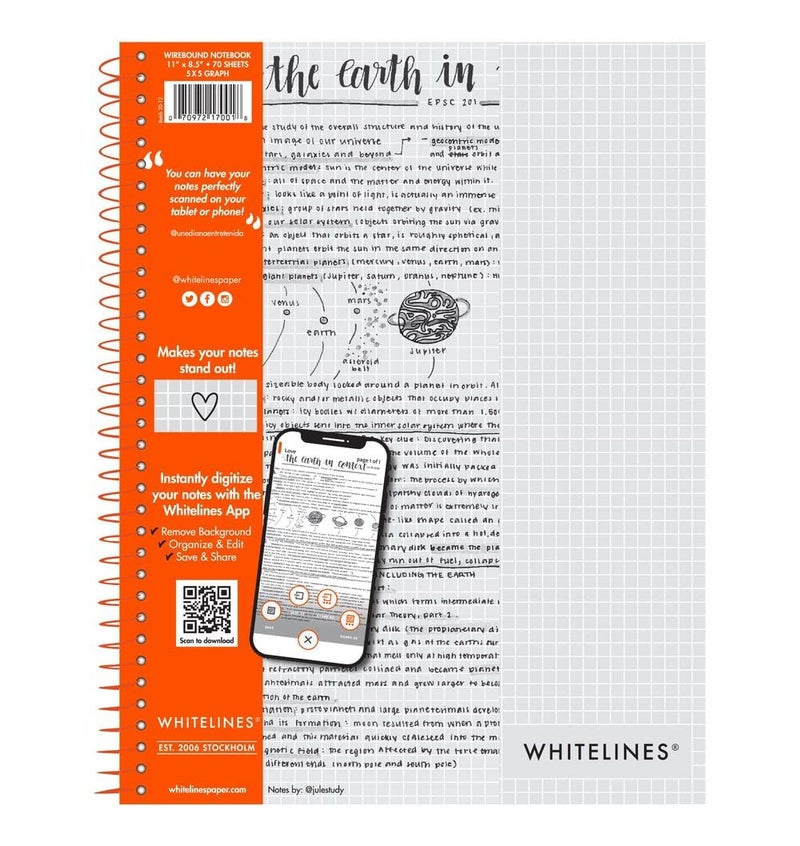 WhiteLines ROARING SPRING Whitelines Spiral Graph Ruled Notebook, Digitally Download Your Notes with FREE App, Premium Gray Paper, 11" x 8.5" 70 Sheets - Image 1