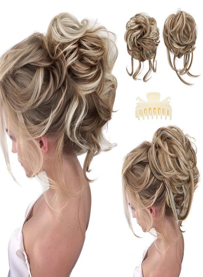 SARLA 2PCS Messy Bun Hair Pieces for Women Detachable Claw Clip Wavy Curly Synthetic Hairpieces for Updos with Tendrils Fake Scrunchies Ponytail Extension Beige Multi - Image 1