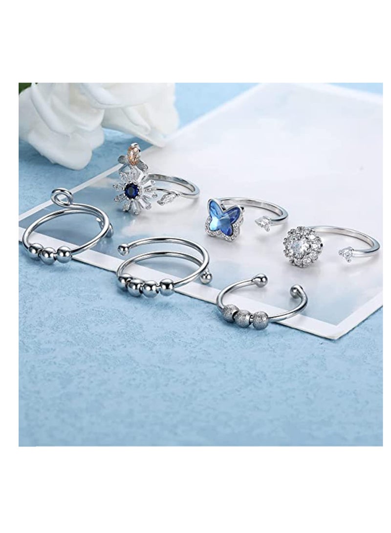 6 Pcs Adjustable Silver Plated Fidget Rings Set, Stackable Anxiety Relief Rings for Women and Men, Perfect Gift for Stress Relief and Fashion - Image 4