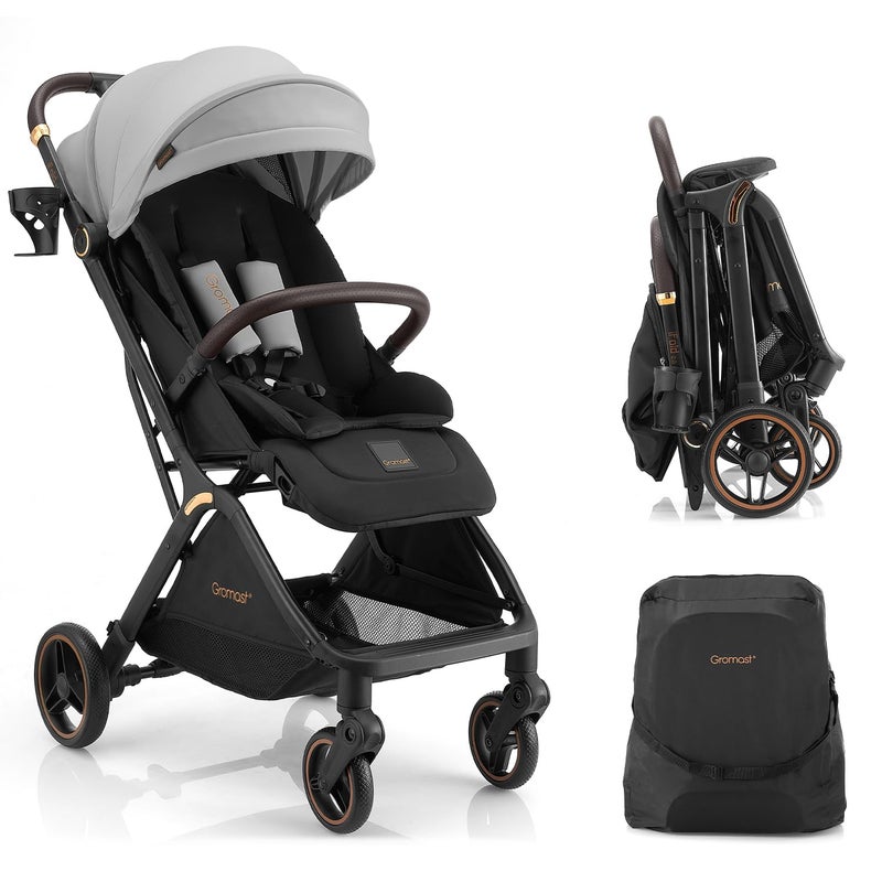 Gromast Gravity Folding Baby Stroller - Portable Travel Toddler Stroller w/Adjustable Backrest, Canopy, Footmuff & Cup Holder, Lightweight and UV Protected, One-Hand Automatic Folding - Light Gray - Image 1