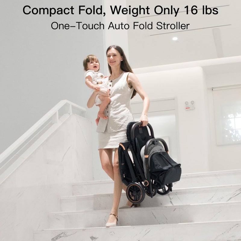 Gromast Gravity Folding Baby Stroller - Portable Travel Toddler Stroller w/Adjustable Backrest, Canopy, Footmuff & Cup Holder, Lightweight and UV Protected, One-Hand Automatic Folding - Light Gray - Image 4
