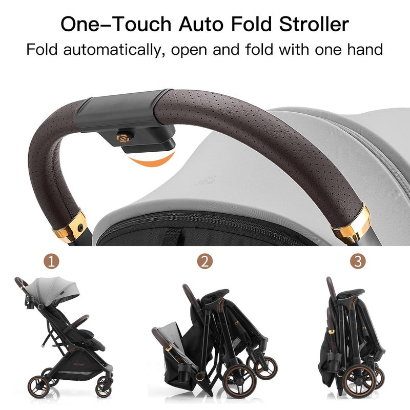Gromast Gravity Folding Baby Stroller - Portable Travel Toddler Stroller w/Adjustable Backrest, Canopy, Footmuff & Cup Holder, Lightweight and UV Protected, One-Hand Automatic Folding - Light Gray - Image 2