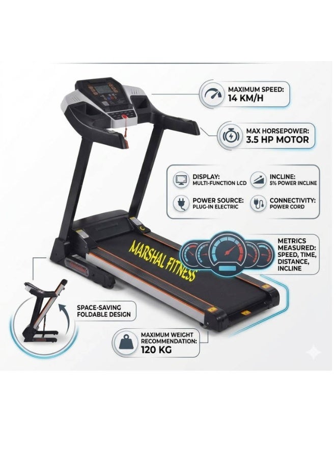 Marshal Fitness PKT-175-1 Low Noise 3.5 HP DC Motor LCD Display Manual Incline Foldable Treadmill With Bluetooth MP3 Shock Absorption and Speaker For Home Use - Image 4